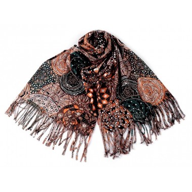 Esarfa bej dama eleganta tip casmir cu franjuri si model spirale colorate 196x70 cm